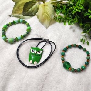 Handmade green bracelets and owl pendant necklace